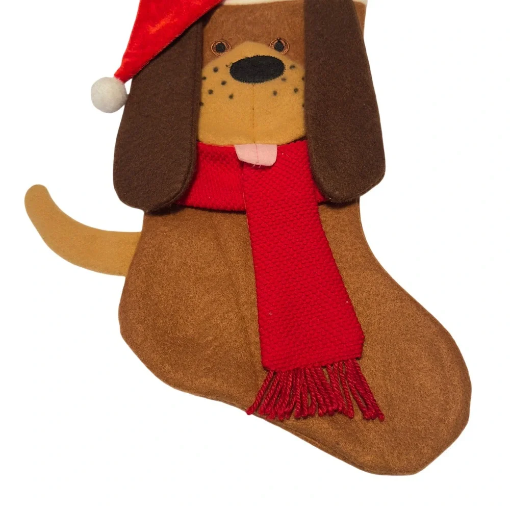 Star Plus Creation LTD Brown Dog Christmas‎ Stocking Red Santa Hat Scarf Felt